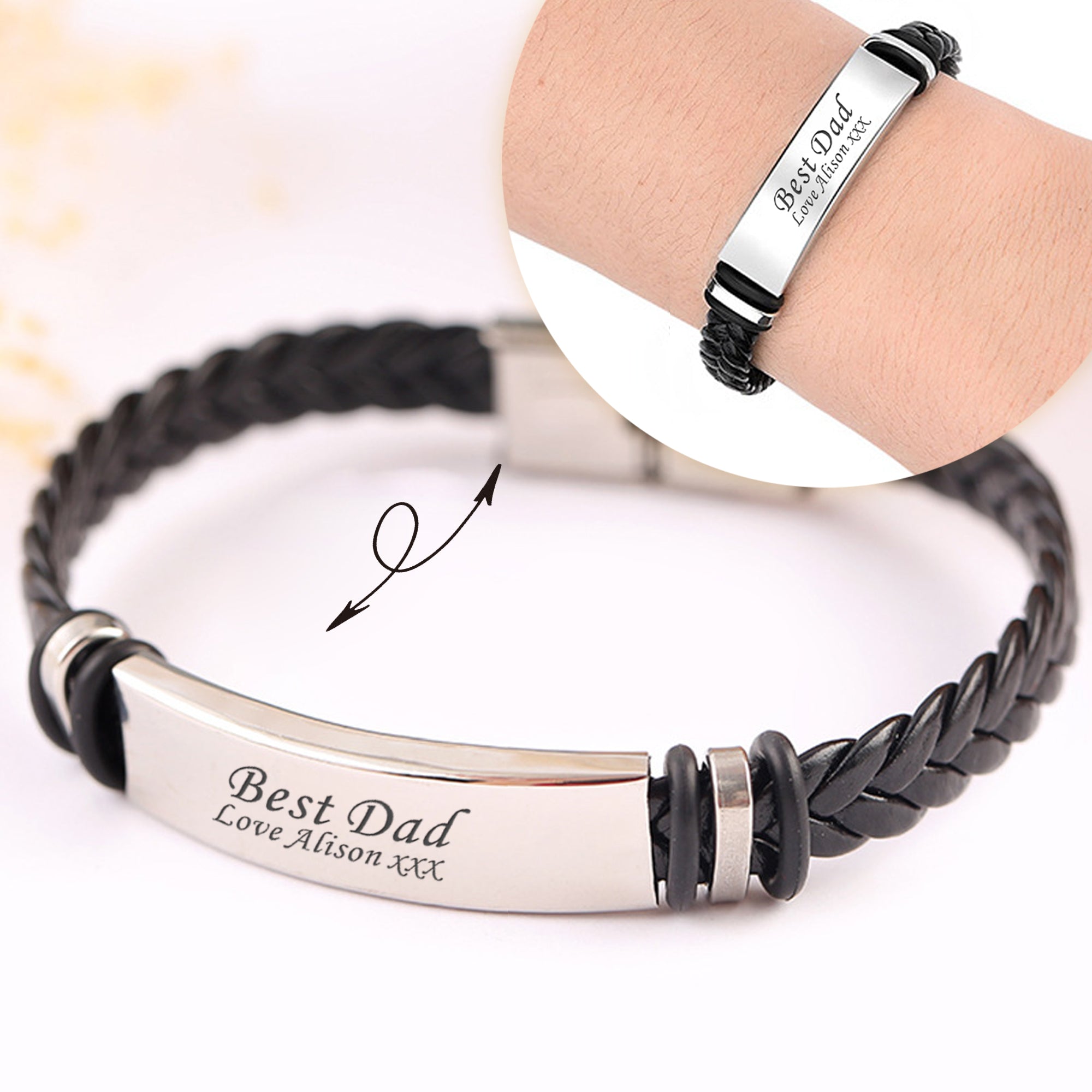 MILAN Black Leather & Stainless Steel Mens Personalised Bracelet Engra –  Bluerock Bay®