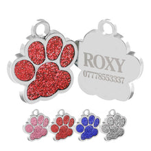 Load image into Gallery viewer, Personalised Engraved Dog Tag Cat ID Tags Zinc Alloy 25mm Glitter Bling Paw Print
