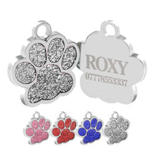 Load image into Gallery viewer, Personalised Engraved Dog Tag Cat ID Tags Zinc Alloy 25mm Glitter Bling Paw Print
