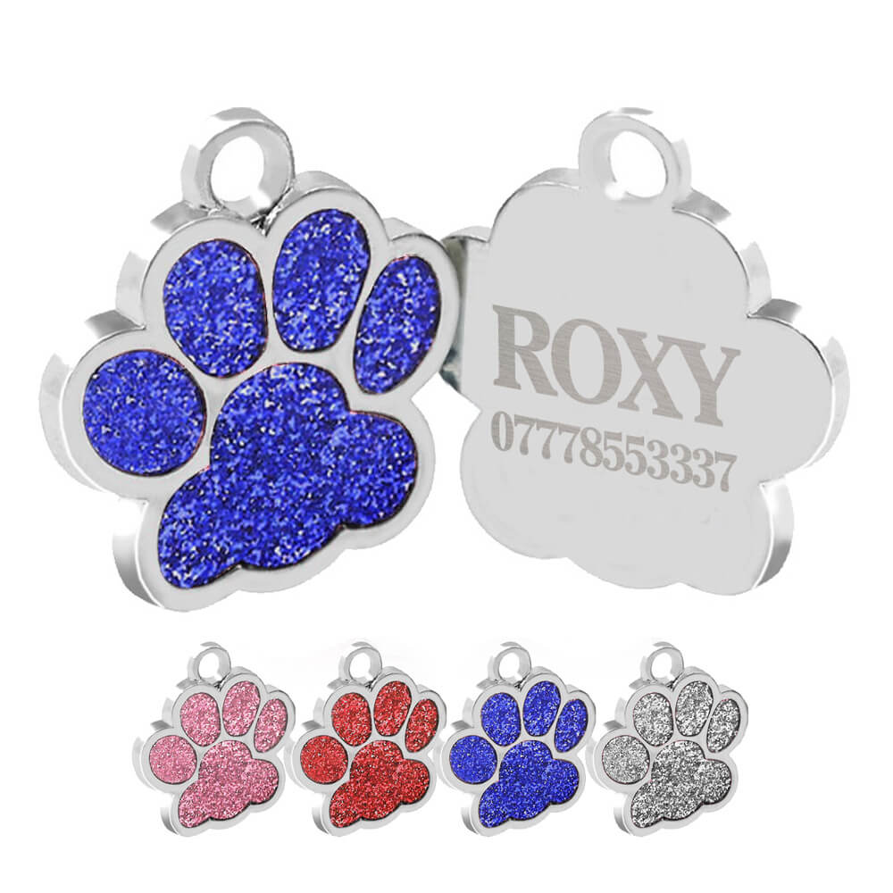 Personalised Engraved Dog Tag Cat ID Tags Zinc Alloy 25mm Glitter Bling Paw Print