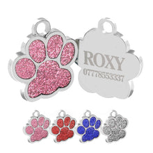 Load image into Gallery viewer, Personalised Engraved Dog Tag Cat ID Tags Zinc Alloy 25mm Glitter Bling Paw Print
