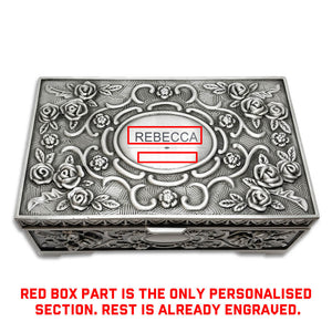 Personalised Mothers Day Jewellery Box for Her Girl Daughter Women Wife Granddaughter Girlfriend Engraved Trinket Box Gift for Christmas Vintage Silver Jewelry Case